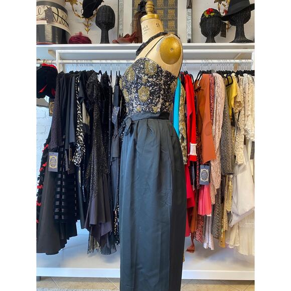 vintage 1960s black silk beaded maxi dress 60s formal gown metallic eyelash xs - Picture 7 of 10